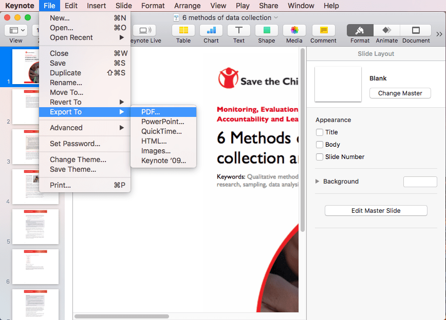 export presentation as PDF in Keynote