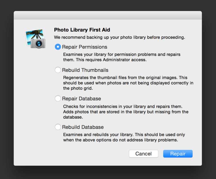 Restore iPhoto Pictures via Library First Aid