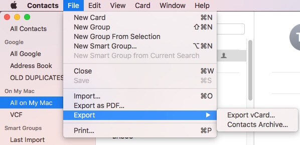 the menu bar displaying the File menu which offers the Export vCard option