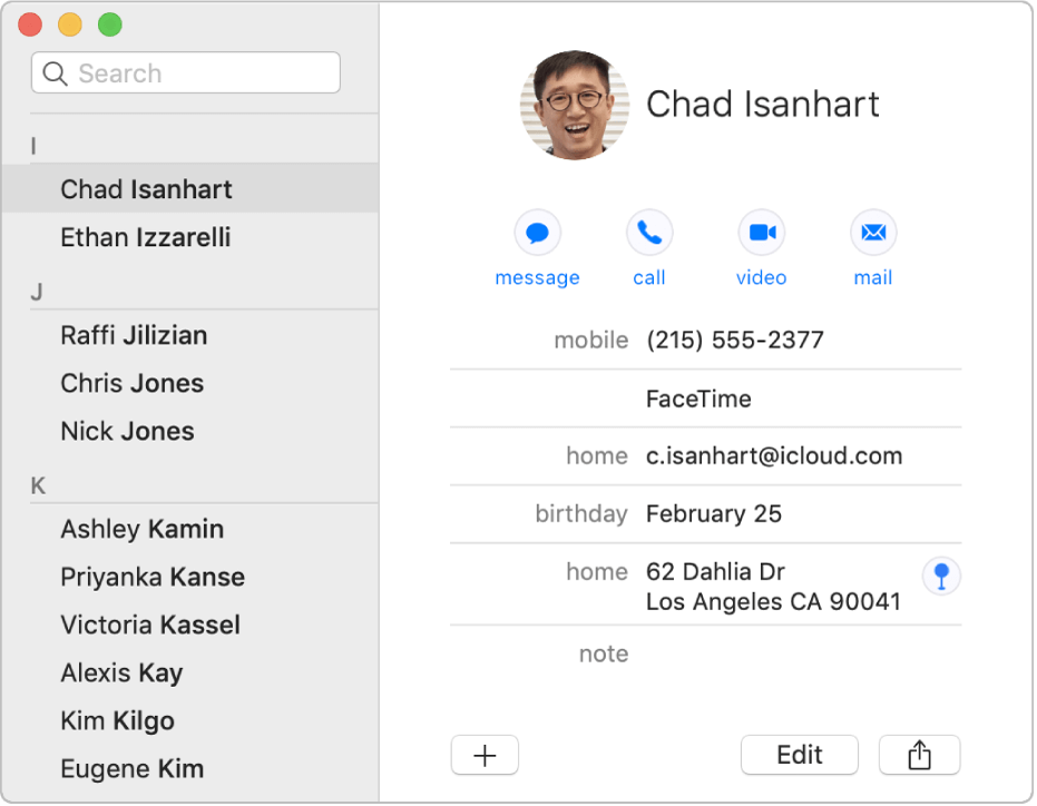 Apple Contacts for Mac main interface