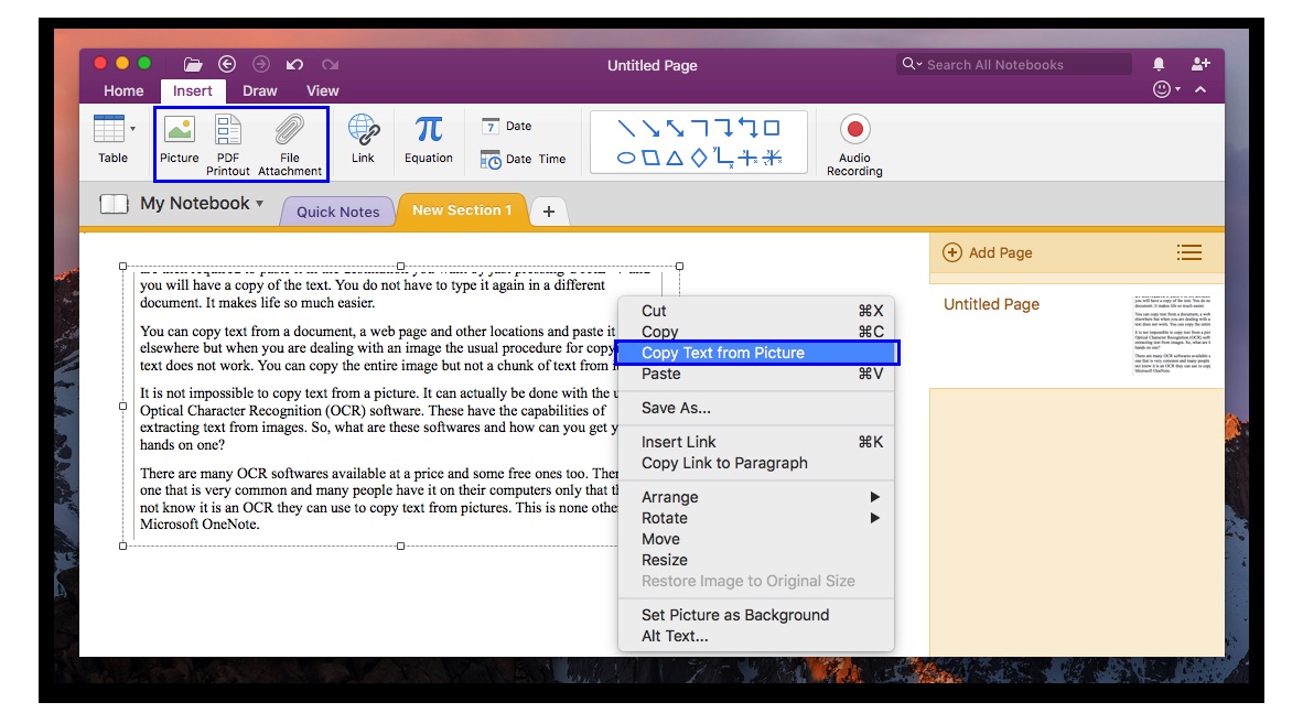 how to use onenote ocr