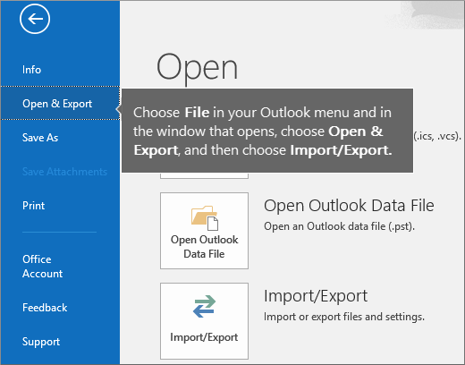 choosing Open & Export provides Import/Export and other options