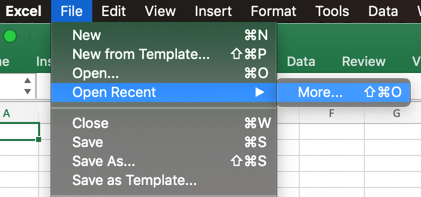 open recent excel files on mac