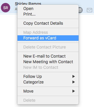 select Forward as vCard