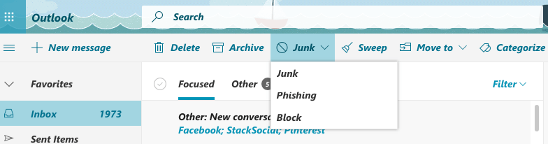 block unwanted emails on Outlook by marking as junk or phishing