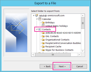 the Select folder to export from box