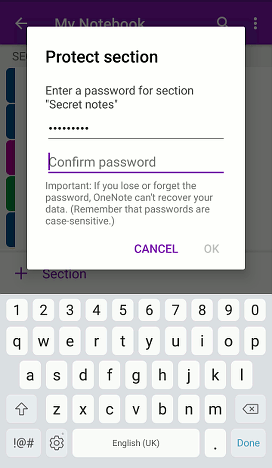 password protect onenote section android enter password