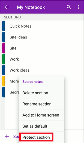 password protect onenote section android