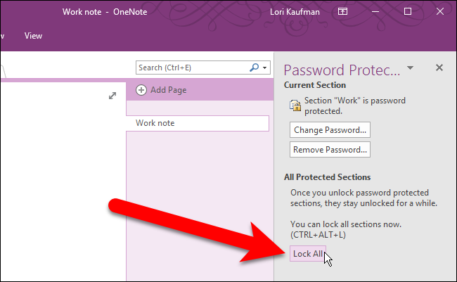 password protect onenote section windows lock all