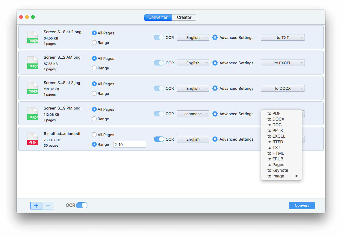 select output format for screenshot OCR on Mac