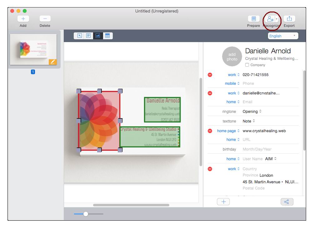 recognize business card on mac