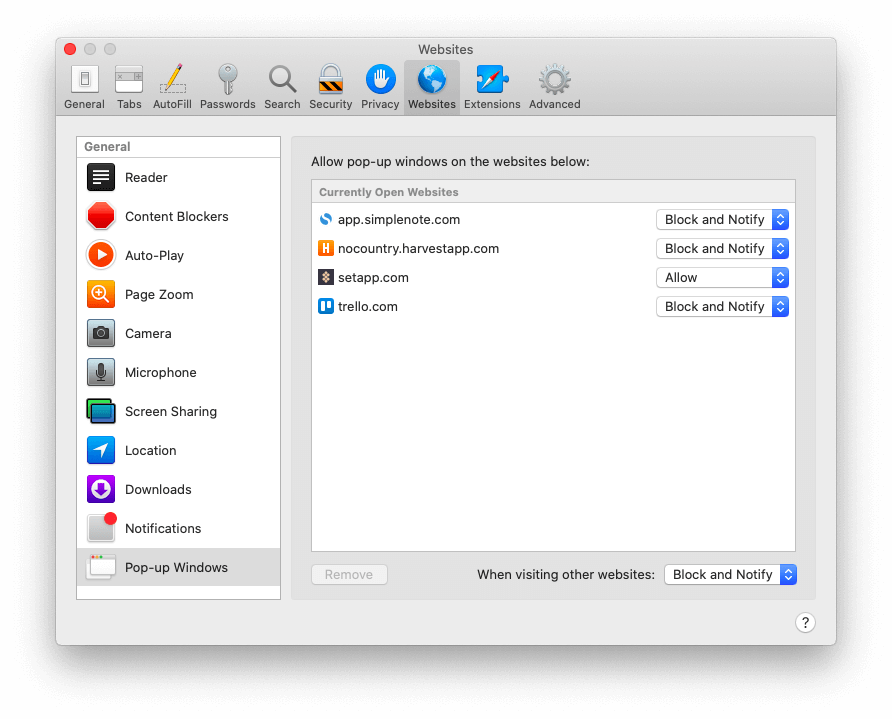 the dropdown menu showing three options regarding blocking pop-up windows on Safari for Mac