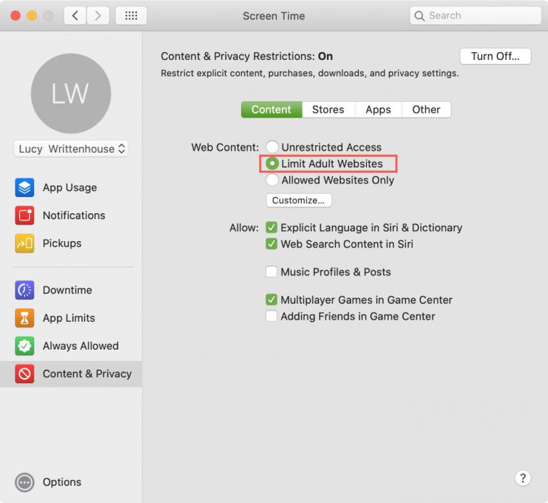 the Limit Adult Websites option is chosen
