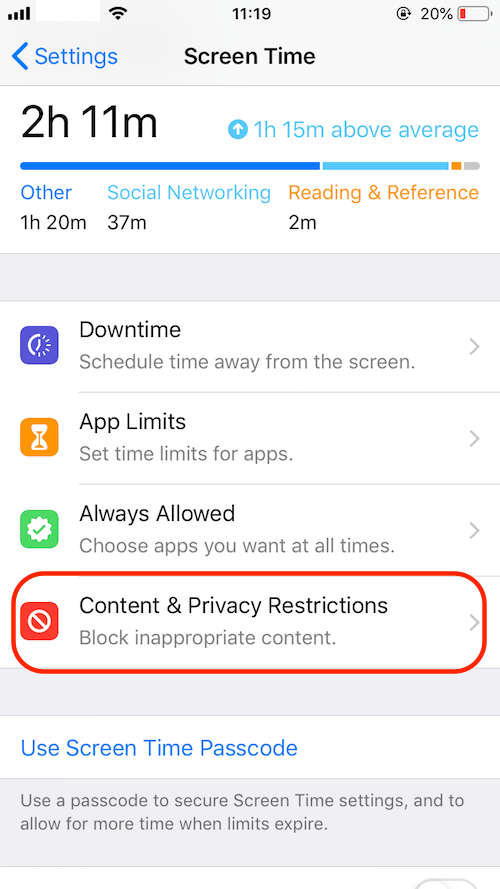 a list of Screen Time settings