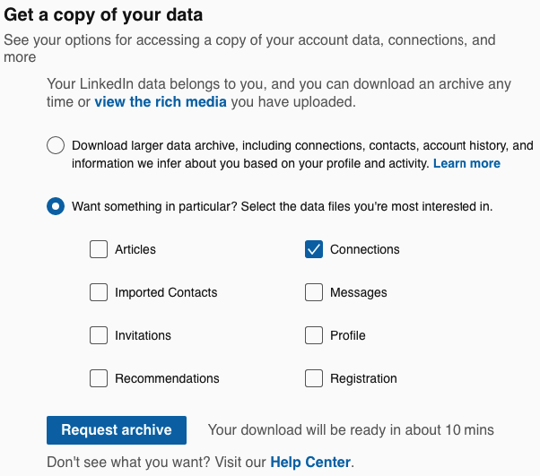 select LinkedIn connections for export