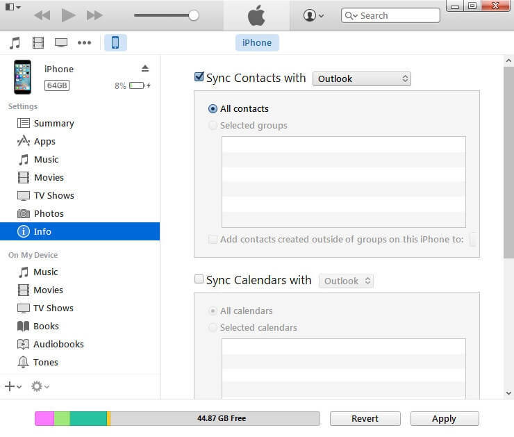 iTunes interface displaying an option to sync iPhone contacts with Outlook