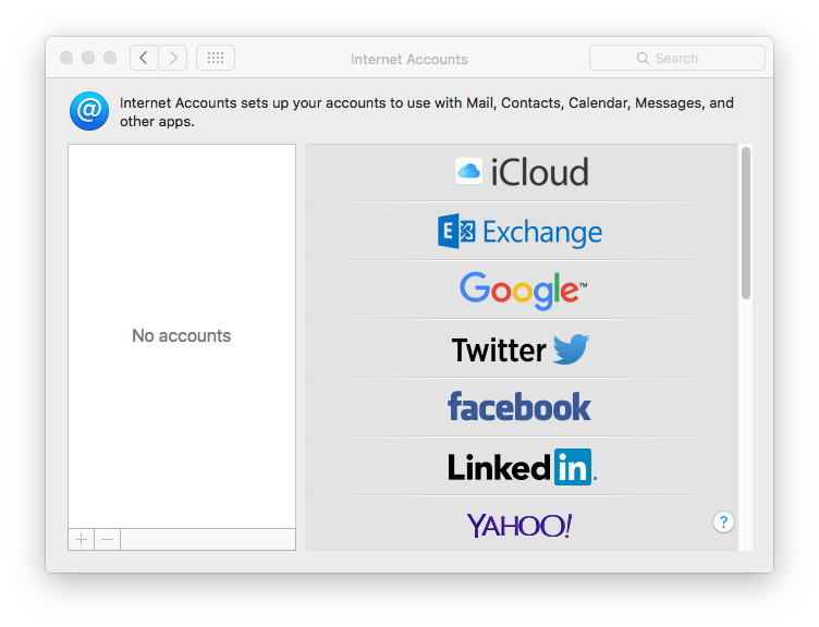 the Internet Accounts window displaying iCloud and other services on the right