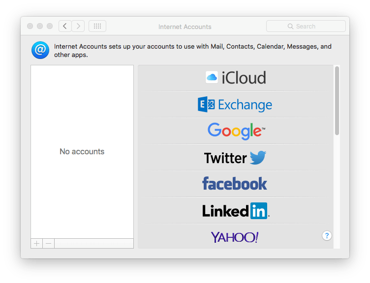 Internet Accounts window displaying iCloud, Exchange and other services