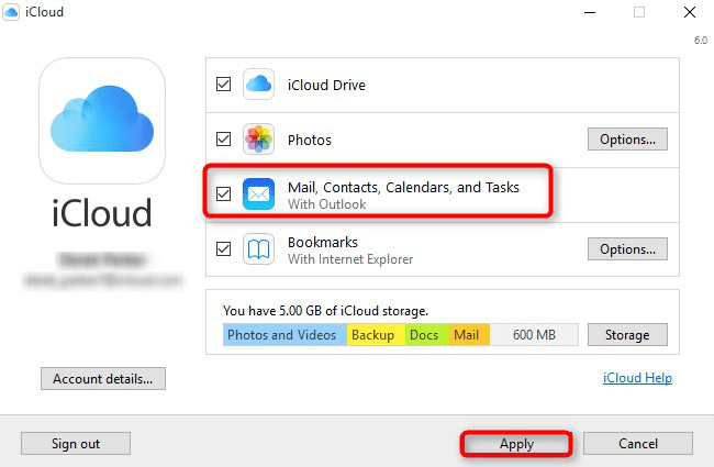 iCloud for Windows window displaying an option to sync contacts and other data with Outlook