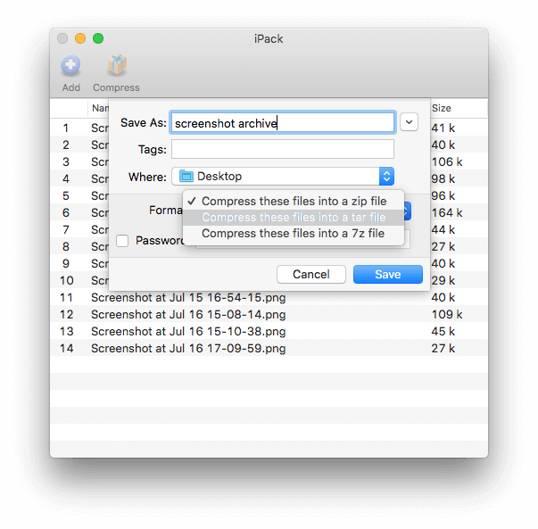 choose tar as the archive file format