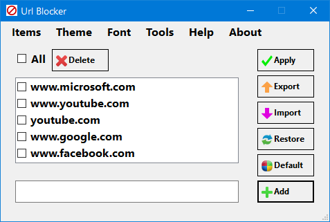 the URL Blocker main screen providing the Add button, the Apply button, etc.
