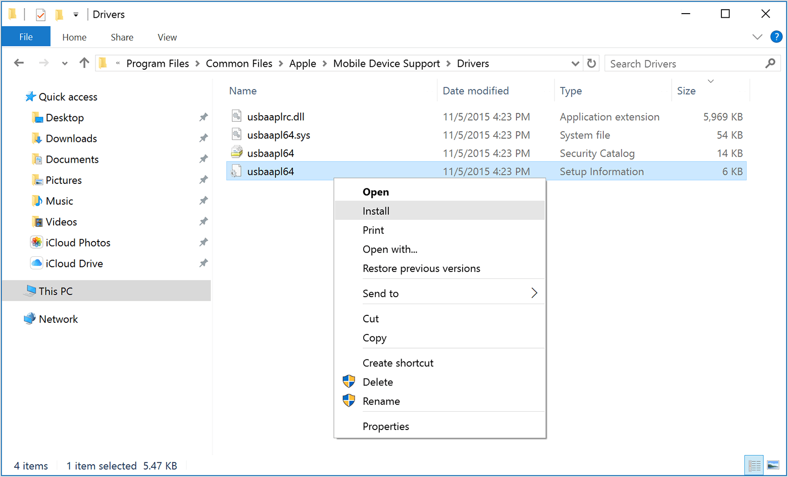 itunes iphone driver windows 10